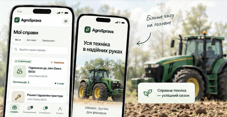 Погоджений візуальний концепт AgroSprava: екрани мобільного додатка поруч із трактором.
